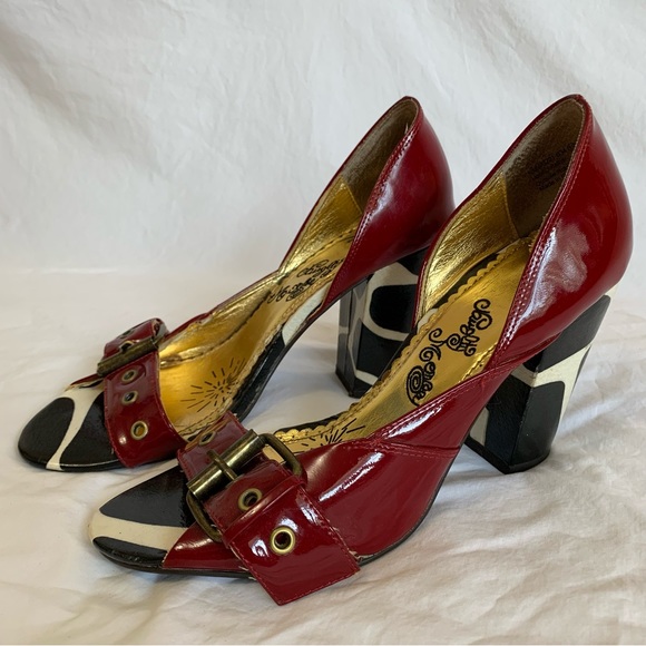 Naughty Monkey red patent and cow print asymmetric heels open toes buckle strap - Picture 13 of 16